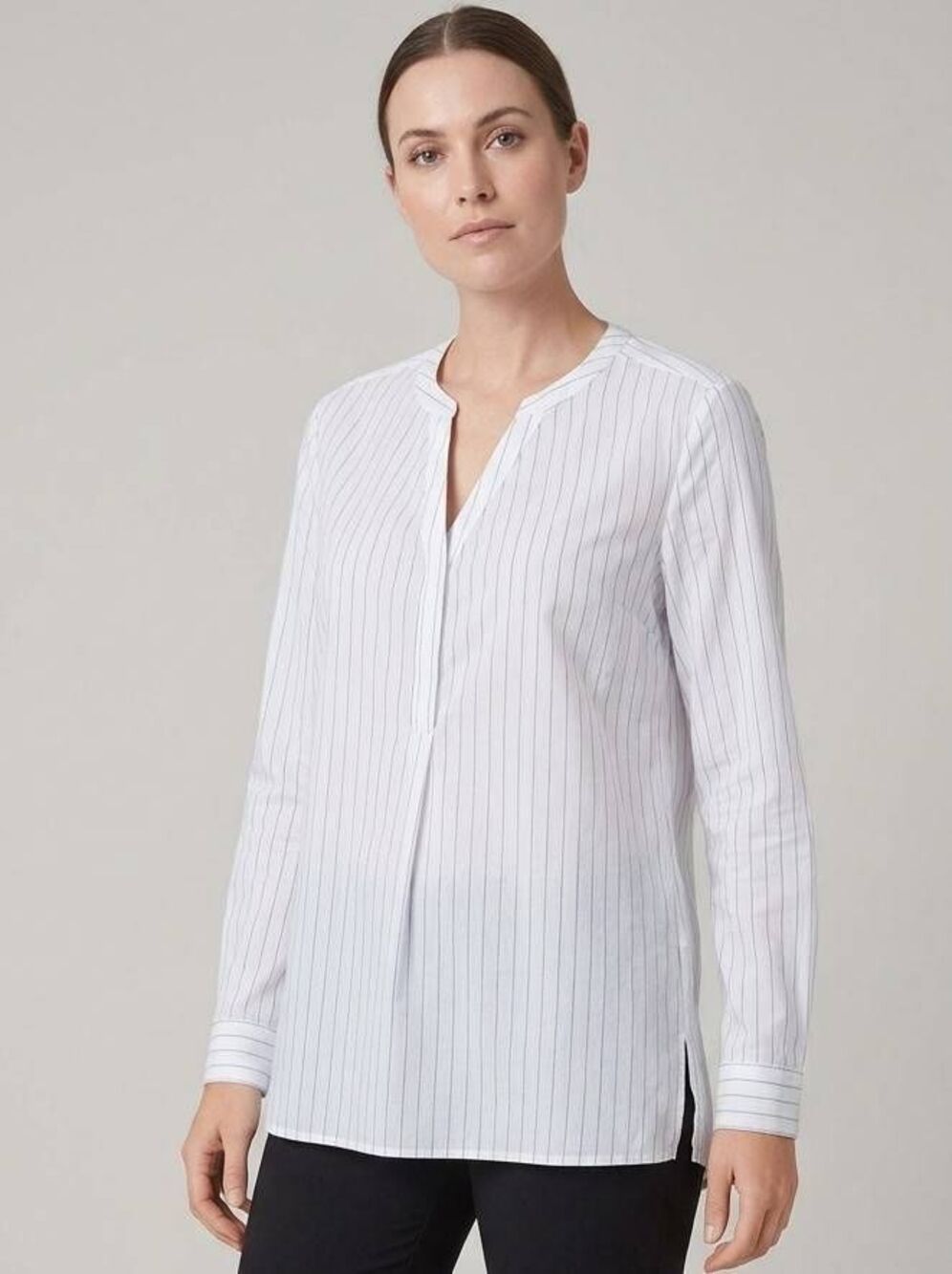 🔺️NYDJ White Pinstripe Button Popover Long Sleeve Top Large